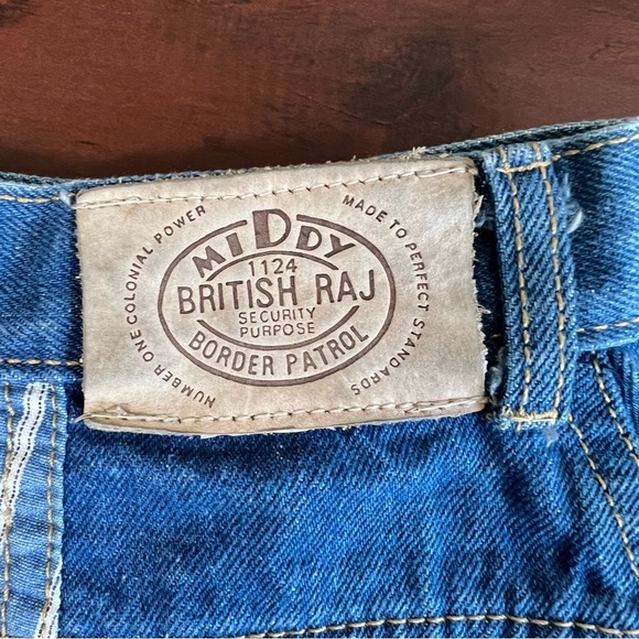 VINTAGE 1980s Denim Mini Skirt Middy Border Patrol British Raj Jean Vtg 80s Boho - Picture 6 of 9